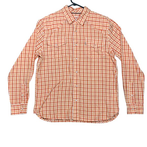 Levis Western Shirt Mens Large Pearl Snap Cowboy Country Retro Orange Plaid Stri - Picture 1 of 13